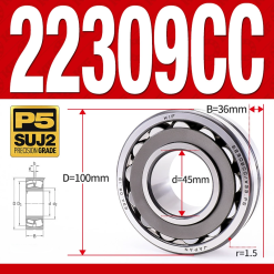 Vòng bi cà na tự lựa 2 dãy - bạc đạn cà na 22309CC/W33 (Có rãnh bôi trơn - lồng cách bi Thép - kt 45*100*36 mm)