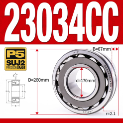 Vòng bi cà na tự lựa 2 dãy - bạc đạn cà na 23034CC/W33 (Có rãnh bôi trơn - lồng cách bi Thép - kt 170*260*67 mm)