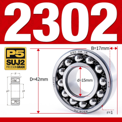 Vòng bi - bạc đạn tự lựa 2302 (Bi cầu - 2 dãy - 15*42*17 mm)