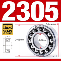 Vòng bi - bạc đạn tự lựa 2305 (Bi cầu - 2 dãy - 25*62*24 mm)