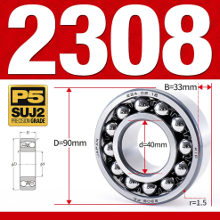 Vòng bi - bạc đạn tự lựa 2308 (Bi cầu - 2 dãy - 40*90*33 mm)