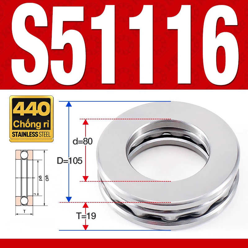 Vòng bi - bạc đạn S51116 (Chặn trục - Inox440C - 80*105*19 mm)
