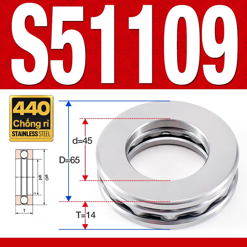 Vòng bi - bạc đạn S51109 (Chặn trục - Inox440C - 45*65*14 mm)