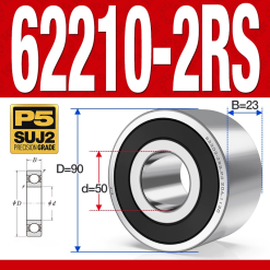 Vòng bi - bạc đạn 62210-2RS (Bi cầu 2 dãy - Phớt cao su - 50*90*23 mm)