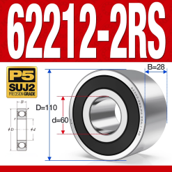 Vòng bi - bạc đạn 62212-2RS (Bi cầu 2 dãy - Phớt cao su - 60*110*28 mm)