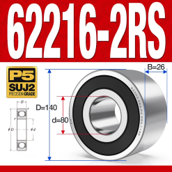 Vòng bi - bạc đạn 62216-2RS (Bi cầu 2 dãy - Phớt cao su - 80*140*26 mm)