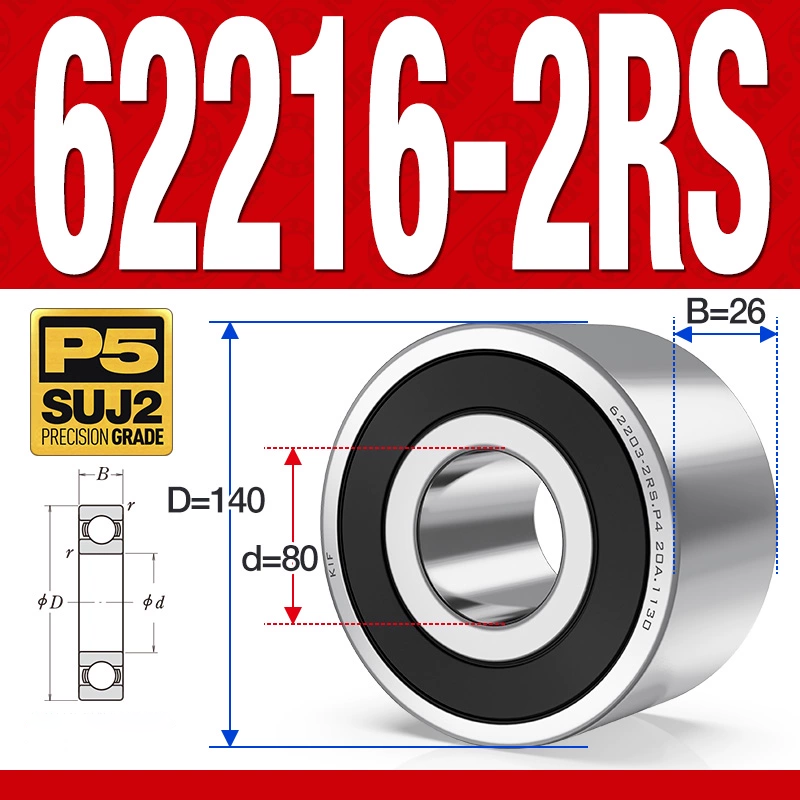 Vòng bi - bạc đạn 62216-2RS (Bi cầu 2 dãy - Phớt cao su - 80*140*26 mm)