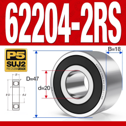 Vòng bi - bạc đạn 62204-2RS (Bi cầu 2 dãy - Phớt cao su - 20*47*18 mm)