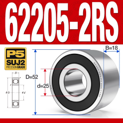 Vòng bi - bạc đạn 62205-2RS (Bi cầu 2 dãy - Phớt cao su - 25*52*18 mm)