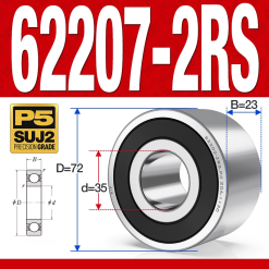 Vòng bi - bạc đạn 62207-2RS (Bi cầu 2 dãy - Phớt cao su - 35*72*23 mm)