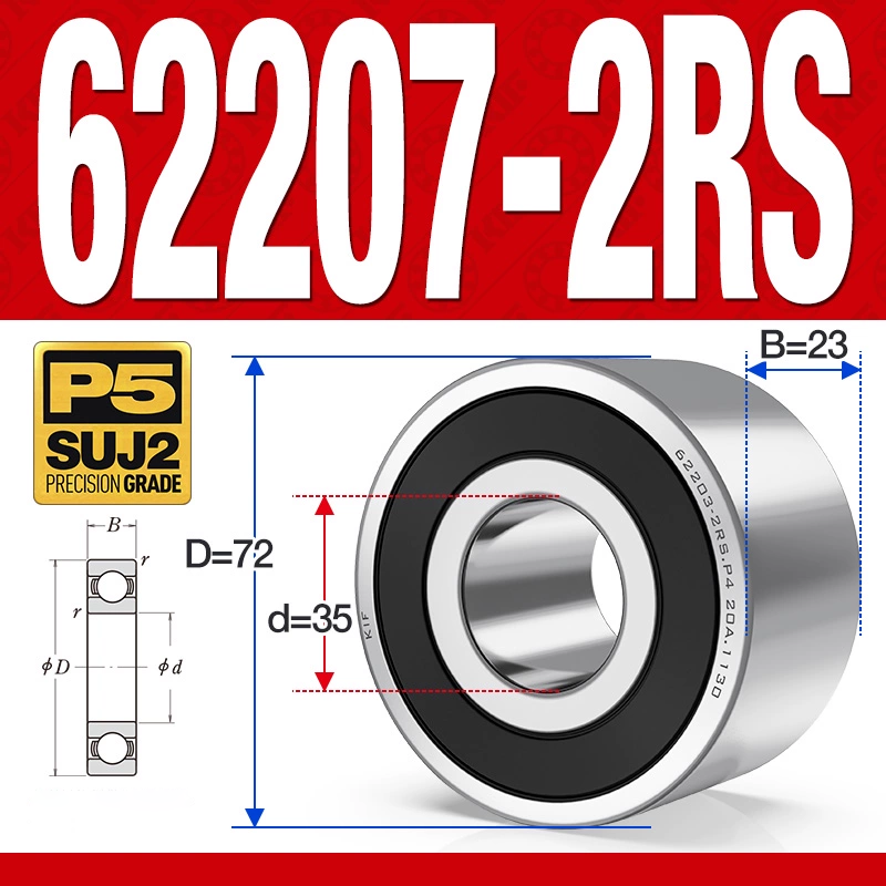 Vòng bi - bạc đạn 62207-2RS (Bi cầu 2 dãy - Phớt cao su - 35*72*23 mm)