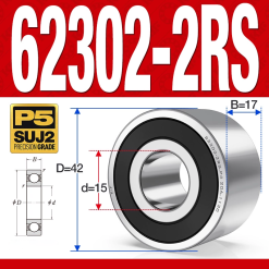 Vòng bi - bạc đạn 62302-2RS (Bi cầu 2 dãy - Phớt cao su - 15*42*17 mm)