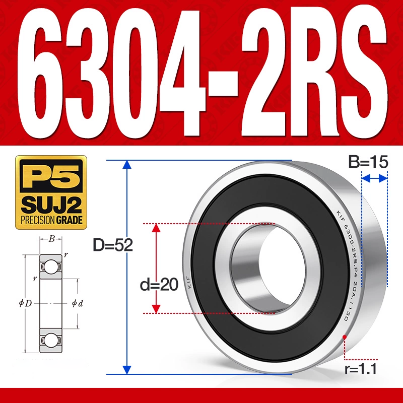 Vòng bi - bạc đạn 6304-2RS  (Phớt cao su -  20*52*15 mm)