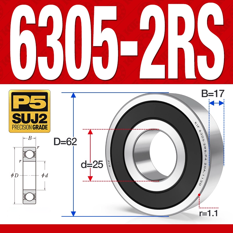 Vòng bi - bạc đạn 6305-2RS  (Phớt cao su -  25*62*17 mm)