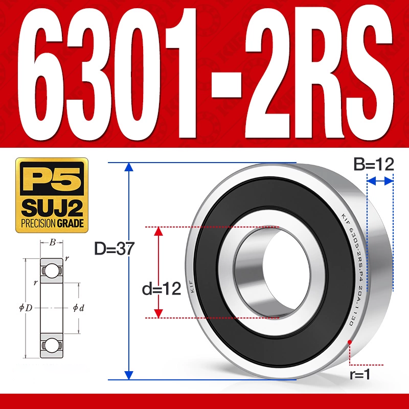 Vòng bi - bạc đạn 6301-2RS  (Phớt cao su -  12*37*12 mm)