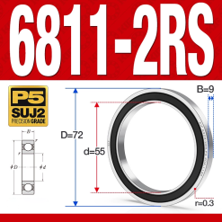 Vòng bi - bạc đạn 6811-2RS  (Phớt cao su -  55*72*9 mm)