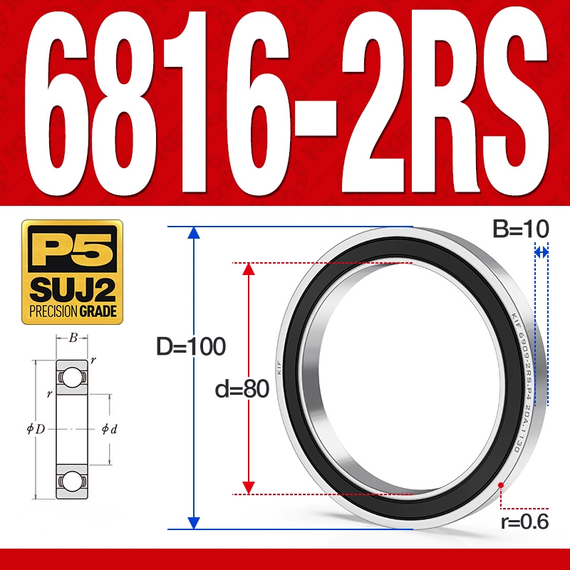 Vòng bi - bạc đạn 6816-2RS  (Phớt cao su - 80*100*10 mm)