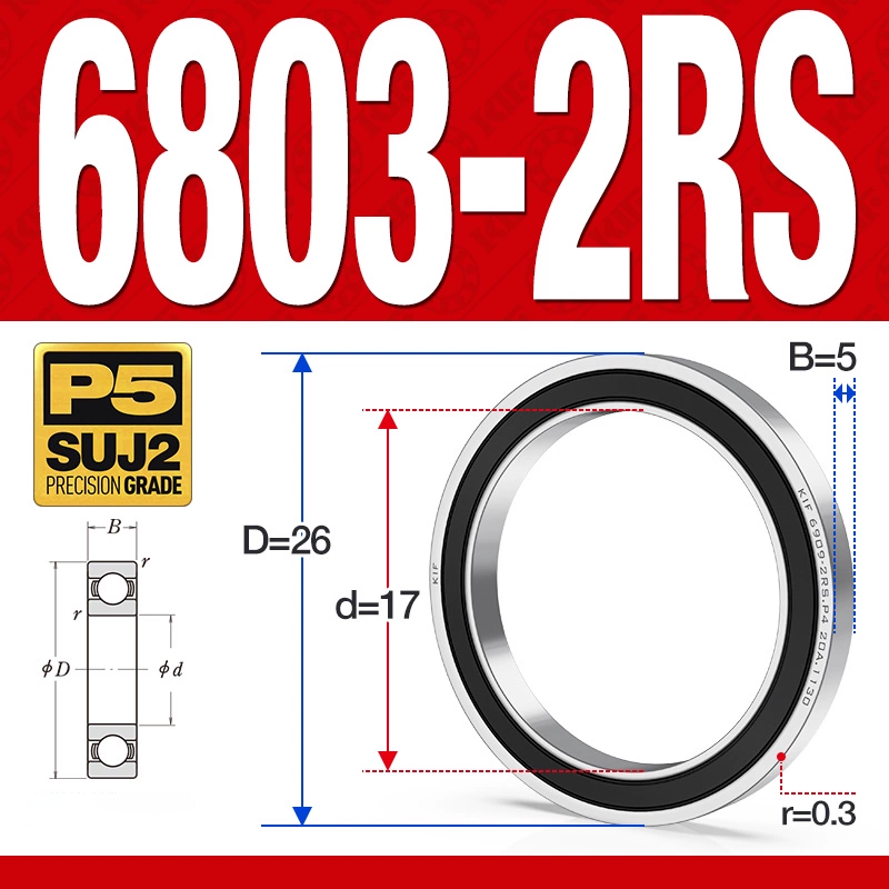 Vòng bi - bạc đạn 6803-2RS  (Phớt cao su -  17*26*5 mm)