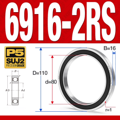 Vòng bi - bạc đạn 6916-2RS  (Phớt cao su - 80*110*16 mm)