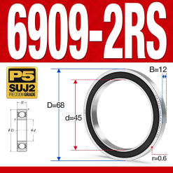 Vòng bi - bạc đạn 6909-2RS  (Phớt cao su - 45*68*12 mm)