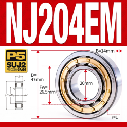 Vòng bi đũa - bạc đạn đũa trụ NJ204EM (Chặn trục 1 chiều - lồng cách bi Đồng - kt 20*47*14 mm)