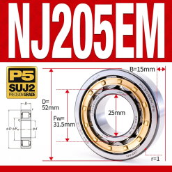 Vòng bi đũa - bạc đạn đũa trụ NJ205EM (Chặn trục 1 chiều - lồng cách bi Đồng - kt 25*52*15 mm)