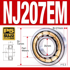 Vòng bi đũa - bạc đạn đũa trụ NJ207EM (Chặn trục 1 chiều - lồng cách bi Đồng - kt 35*72*17 mm)