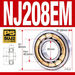 Vòng bi đũa - bạc đạn đũa trụ NJ208EM (Chặn trục 1 chiều - lồng cách bi Đồng - kt 40*80*18 mm)