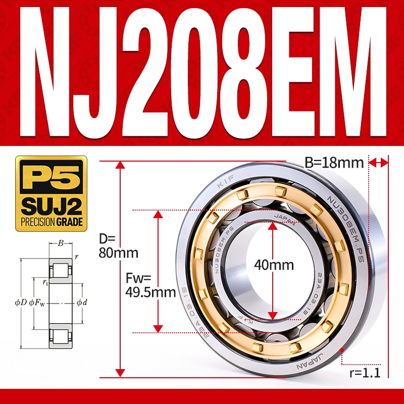 Vòng bi đũa - bạc đạn đũa trụ NJ208EM (Chặn trục 1 chiều - lồng cách bi Đồng - kt 40*80*18 mm)