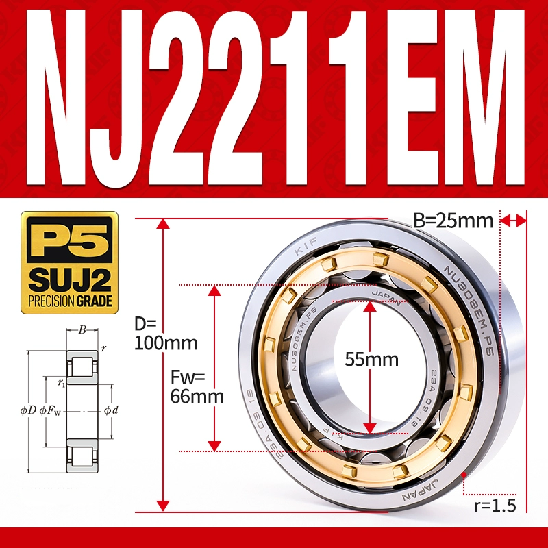 Vòng bi đũa - bạc đạn đũa trụ NJ2214EM (Chặn trục 1 chiều - lồng cách bi Đồng - kt 70*125*31 mm)