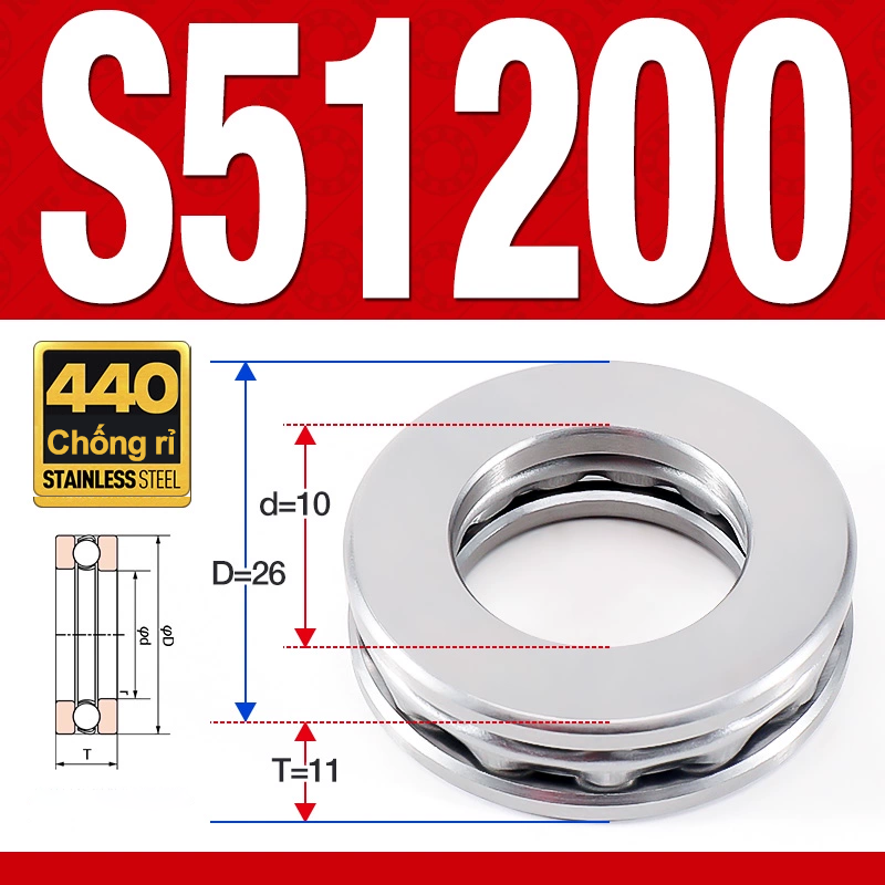 Vòng bi - bạc đạn S51200 (Chặn trục - Inox440C - 10*26*11 mm)