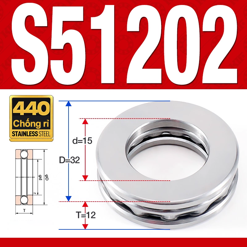 Vòng bi - bạc đạn S51202 (Chặn trục - Inox440C - 15*32*12 mm)