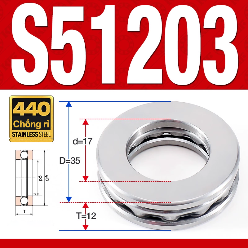 Vòng bi - bạc đạn S51203 (Chặn trục - Inox440C - 17*35*12 mm)
