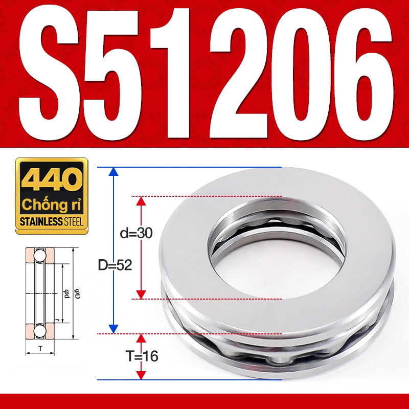 Vòng bi - bạc đạn S51206 (Chặn trục - Inox440C - 30*52*16 mm)