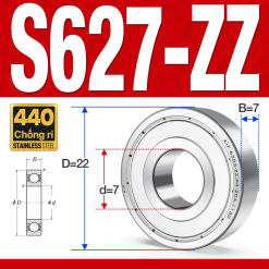 Vòng bi - bạc đạn mini S627-ZZ (Tốc độ cao - Inox 440C - 7*22*7 mm)