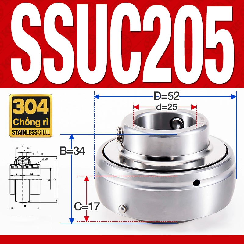 Vòng bi gối SSUC205 (Inox 304 - Đường kính trong 25 mm)