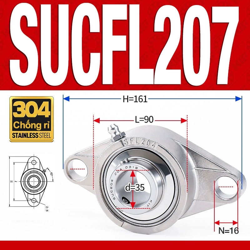 Gối đỡ vòng bi SUCFL207 (Inox 304 - Đường kính trong 35 mm)