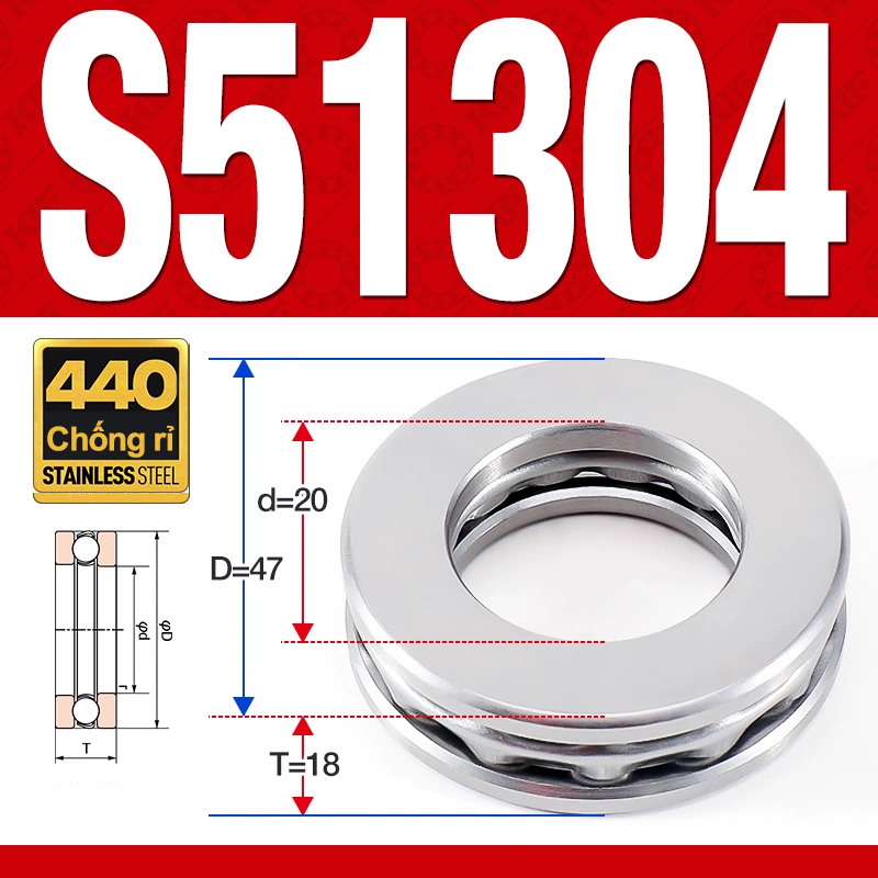 Vòng bi - bạc đạn S51304 (Chặn trục - Inox440C - 20*47*18 mm)