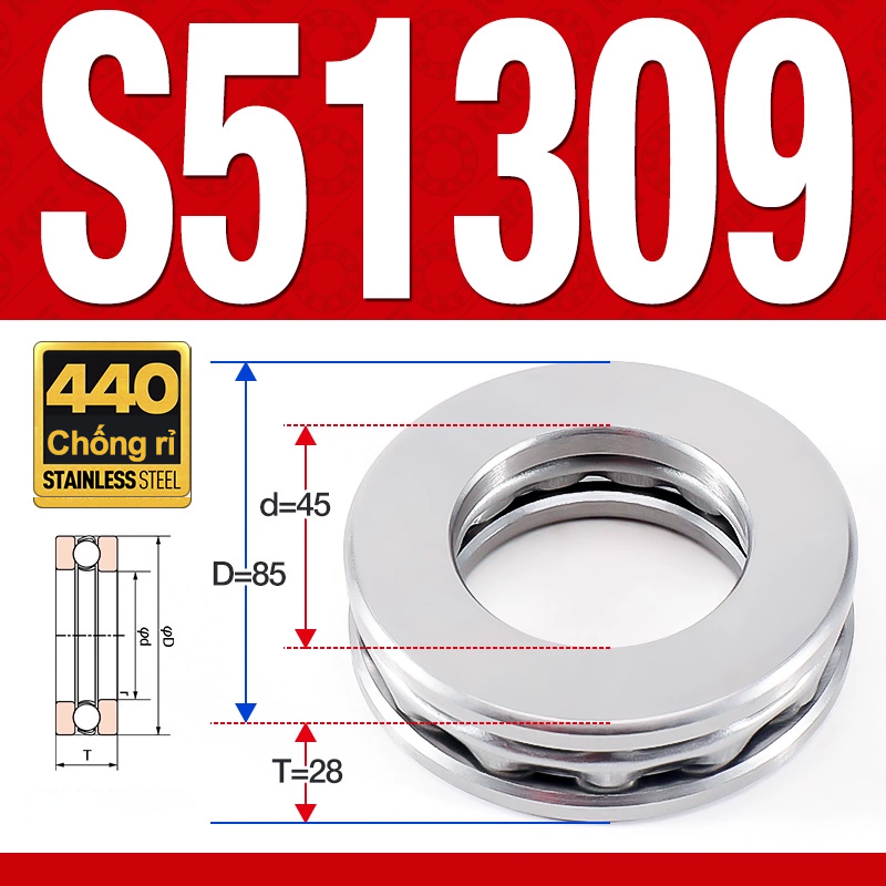 Vòng bi - bạc đạn S51309 (Chặn trục - Inox440C - 45*85*28 mm)