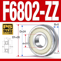 Vòng bi - bạc đạn  F6802-ZZ  (Mặt bích - phớt kim loại -  15*24*5 mm)