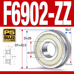 Vòng bi - bạc đạn  F6902-ZZ  (Mặt bích - phớt kim loại -  15*28*7 mm)