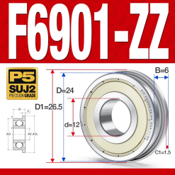 Vòng bi - bạc đạn  F6901-ZZ  (Mặt bích - phớt kim loại -  12*24*6 mm)