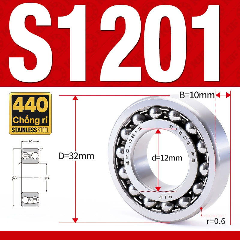 Vòng bi - bạc đạn tự lựa S1201 (Chống ăn mòn - Inox 404C - 12*32*10 mm)