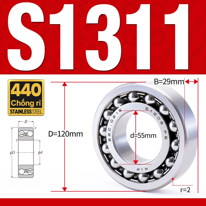 Vòng bi - bạc đạn tự lựa S1311 (Chống ăn mòn - Inox 404C - 55*120*29 mm)