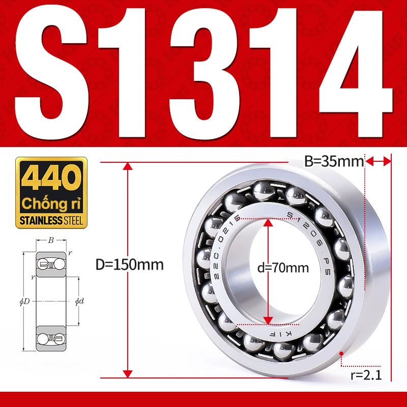 Vòng bi - bạc đạn tự lựa S1314 (Chống ăn mòn - Inox 404C - 70*150*35 mm)