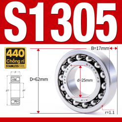 Vòng bi - bạc đạn tự lựa S1305 (Chống ăn mòn - Inox 404C - 25*62*17 mm)