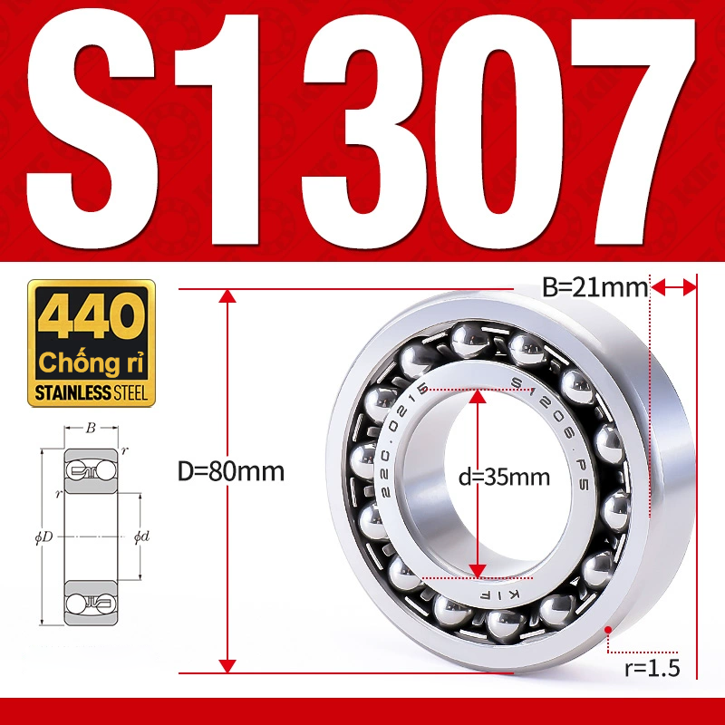 Vòng bi - bạc đạn tự lựa S1307 (Chống ăn mòn - Inox 404C - 35*80*21 mm)