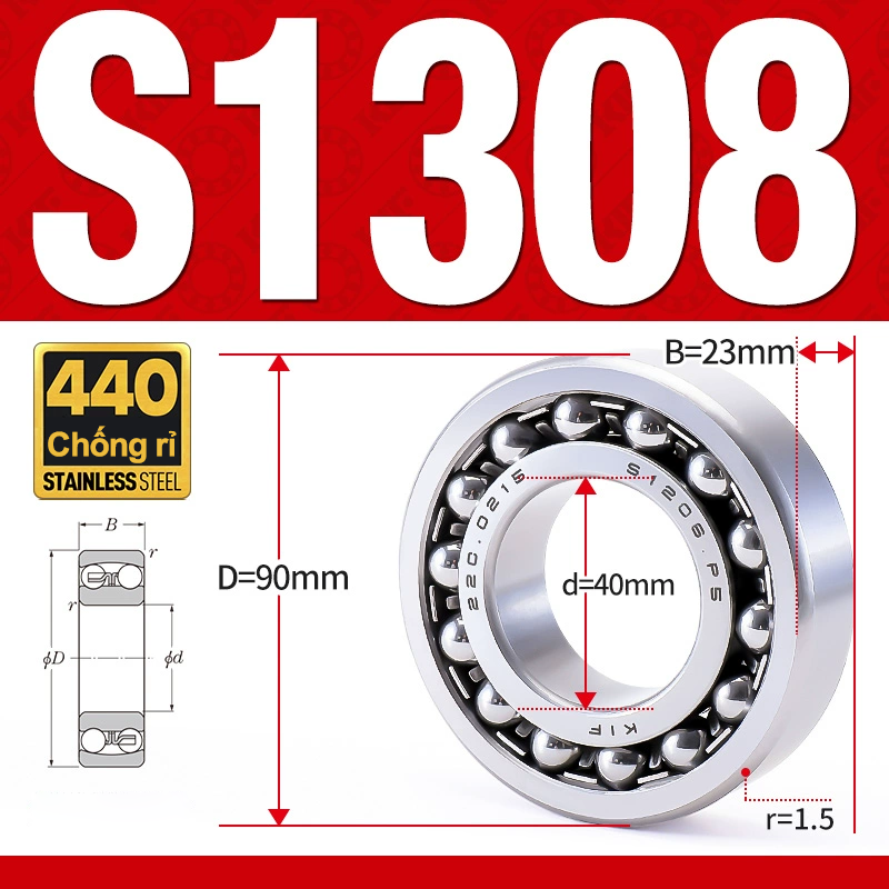 Vòng bi - bạc đạn tự lựa S1308 (Chống ăn mòn - Inox 404C - 40*90*23 mm)