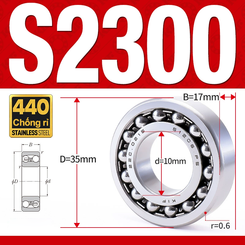Vòng bi - bạc đạn tự lựa S2300 (Chống ăn mòn - Inox 404C - 10*35*17 mm)