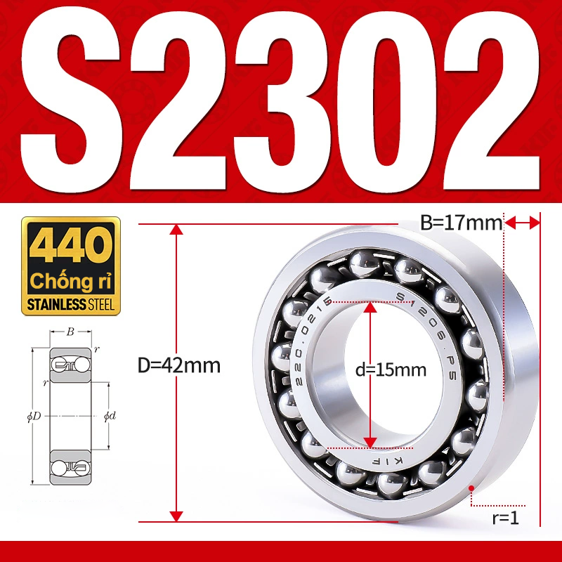 Vòng bi - bạc đạn tự lựa S2302 (Chống ăn mòn - Inox 404C - 15*42*17 mm)